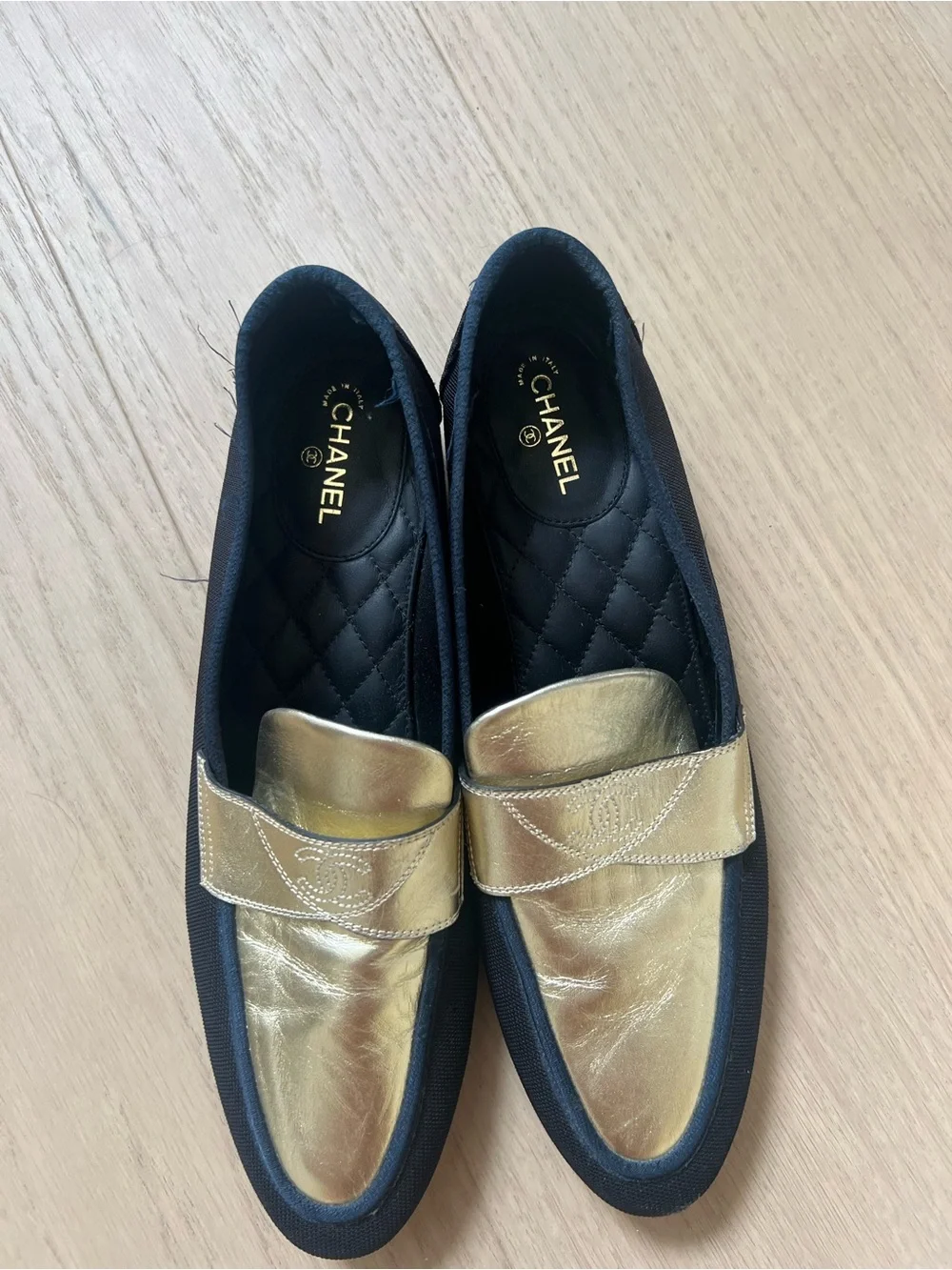 CHANEL Quilted-Trim Leather Penny Loafers